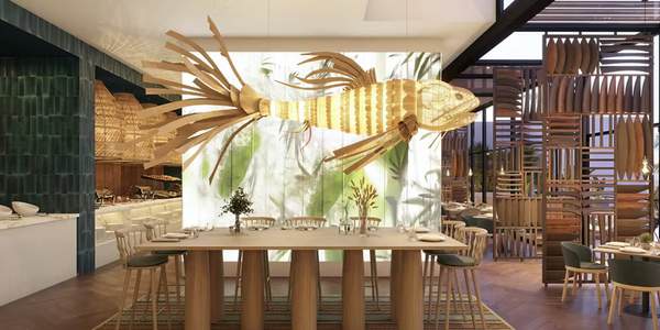 Hotel dining room with timber joinery and feature lighting