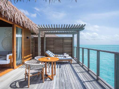 Water villa deck at Whale Lagoon looking out over the lagoon